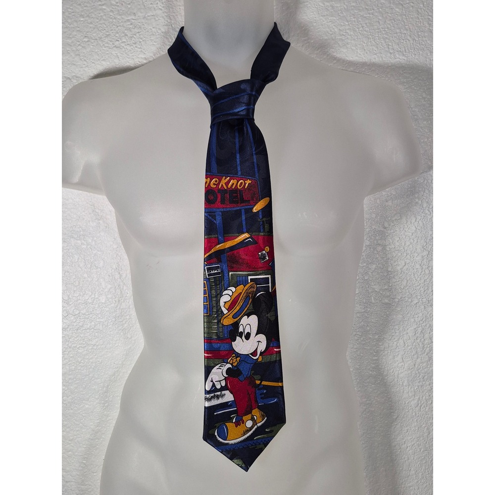 Vintage Mickey Unlimited Disney Mickey Mouse Pine Knot Hotel Navy Blue Silk Tie